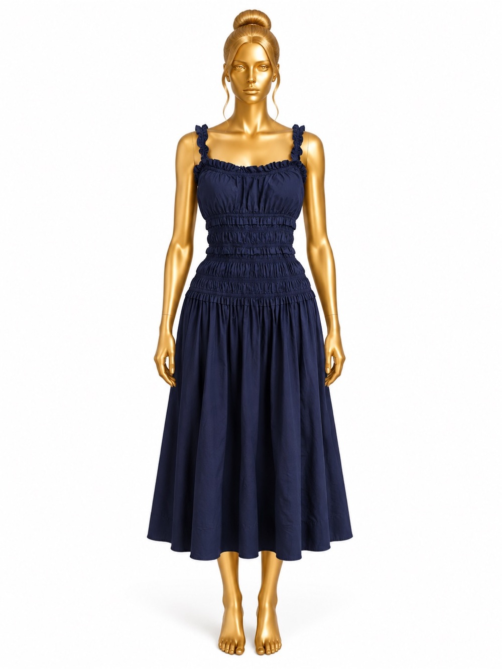 Caroline Constas Medium Navy Smocked Cotton Midi Dress Ruffle Straps